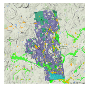 Amherst, NH parcel map.  Colored lots are either developed, conservation land, town property, commercial/industrial, or floodplain/wetland.  Data courtesy of Nashua Regional Planning Commission.